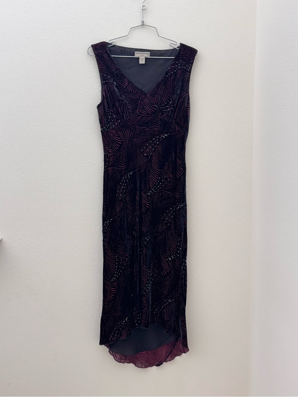 Valerie Stevens Black High-Low V-Neck Dress with beading and velvet burnout